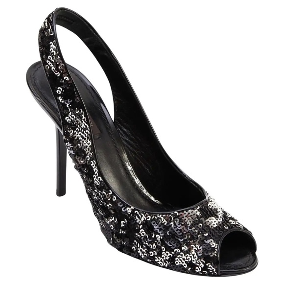 LOUIS VUITTON Pumps Sandals Slingback LIZA Black Silver Leather Sequin 37.5 - Picture 1 of 7